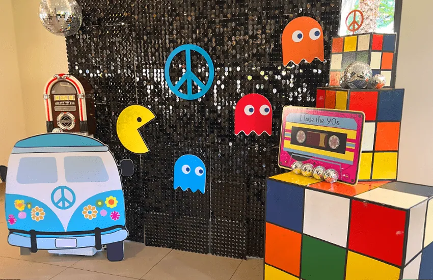 A retro arcade themed party backdrop in the Mabweni venue at Usambara Venue