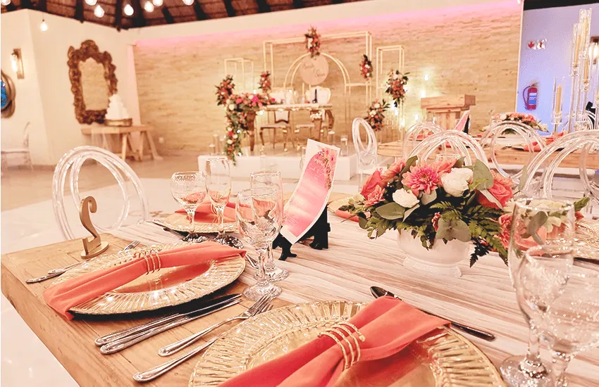 A blush pink table setting in the Mponde venue at Usambara Venue