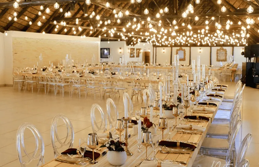 The Mponde venue at Usambara Venue laid out for a large reception under festoon lights
