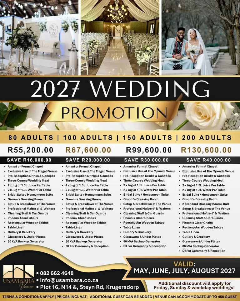 Usambara Venue 2027 wedding promotion: packages for 80, 100, 150 and 200 adults, valid May to August 2027