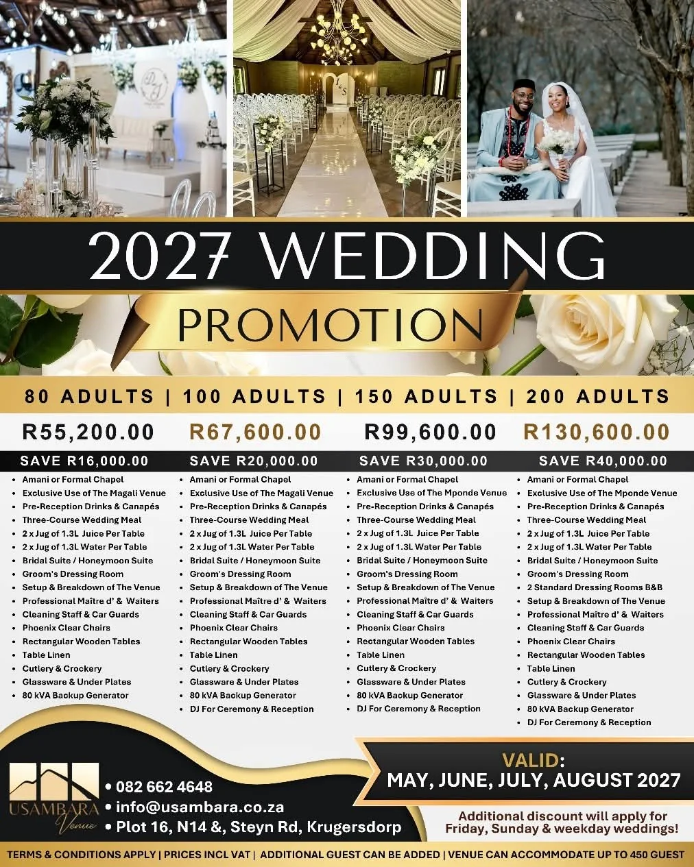 Usambara Venue 2027 wedding promotion: packages for 80, 100, 150 and 200 adults, valid May to August 2027